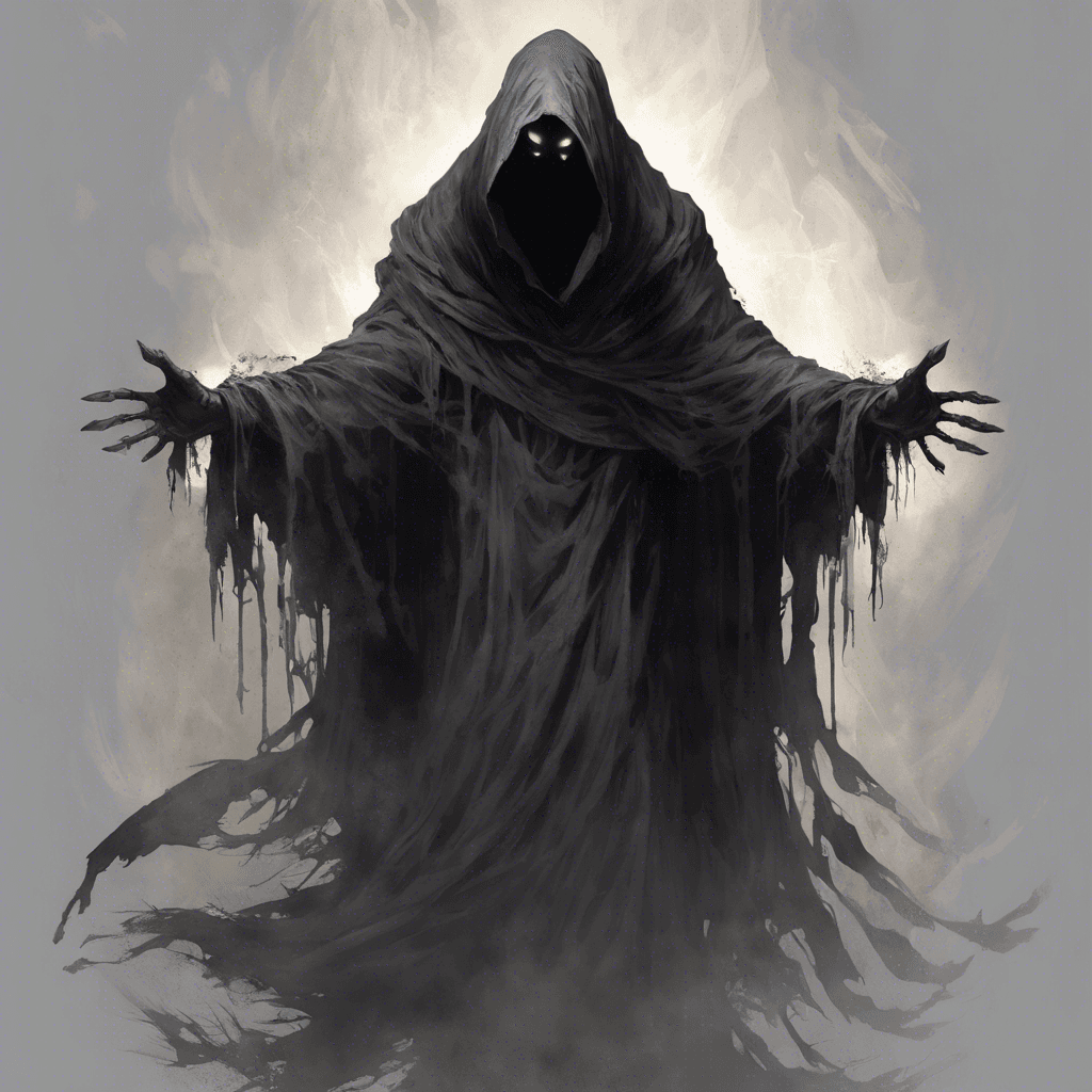 A gaunt spectral figure, draped in tattered robes that hover above the ground. Its ghastly face is partially hidden beneath a shadowy hood, with soulless eyes that burn with a ghostly light, its hands extended with claws that seem to ripple the air around them.