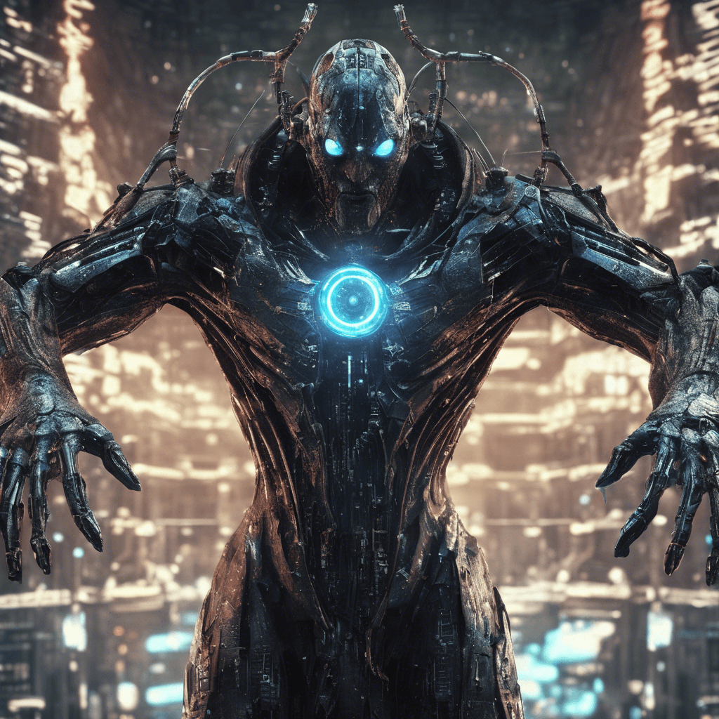 The Data Daemon is a cybernetic entity that appears as a spectral figure composed of cascading streams of data. Its glowing digital eyes lock onto targets with precision, ready to unleash devastating attacks. It moves swiftly within the digital realms, manipulating code and cybernetic systems to its advantage.