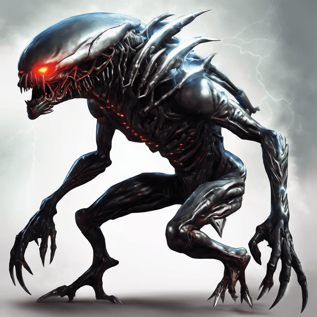 The Xenon Stalker is a bipedal alien creature with metallic silver skin, glowing red eyes, and razor-sharp claws. It emits a high-pitched screech that chills you to the bone, and moves with lightning speed as if it's tracking its prey. Its keen senses and deadly agility make it a formidable foe.