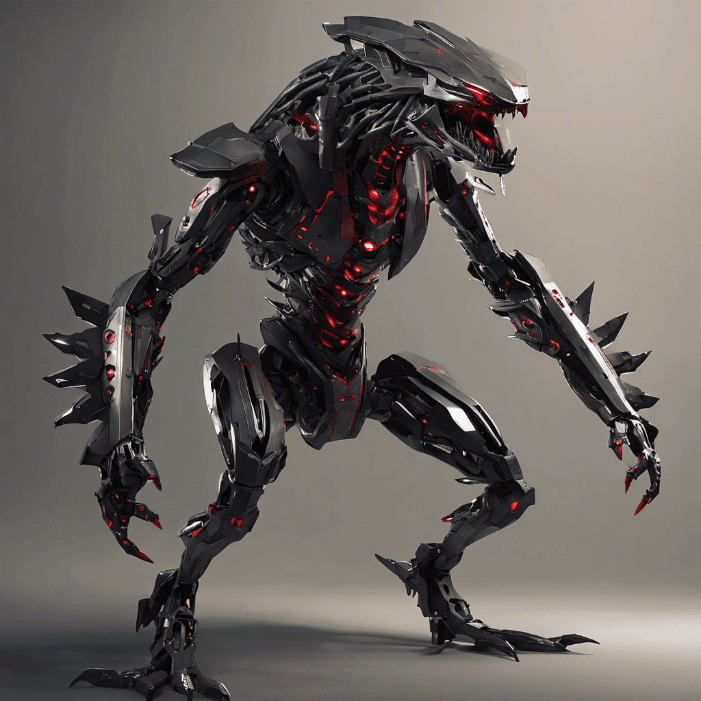 A sleek, mechanical beast, its body made of a dark, reflective alloy with sharp edges and glowing red sensors for eyes. It moves on agile, bladed limbs, making almost no sound as it prowokes with the precision of a predator.