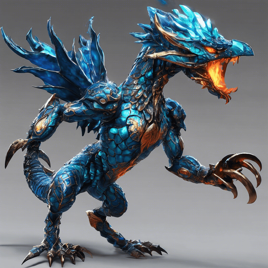 A metallic being with shimmering scales like mercury, Zarvox has eyes glowing with an inner azure fire, sharp claws that seem to flicker with electric currents, and a lithe body with fluid, yet jerky movements, like a stop-motion animation.