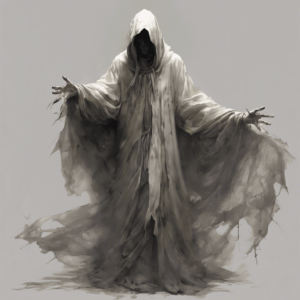 A translucent figure, garbed in tattered robes that flutter as if in an unseen breeze, its face obscured by a hood, hands outstretched with claws for fingers.