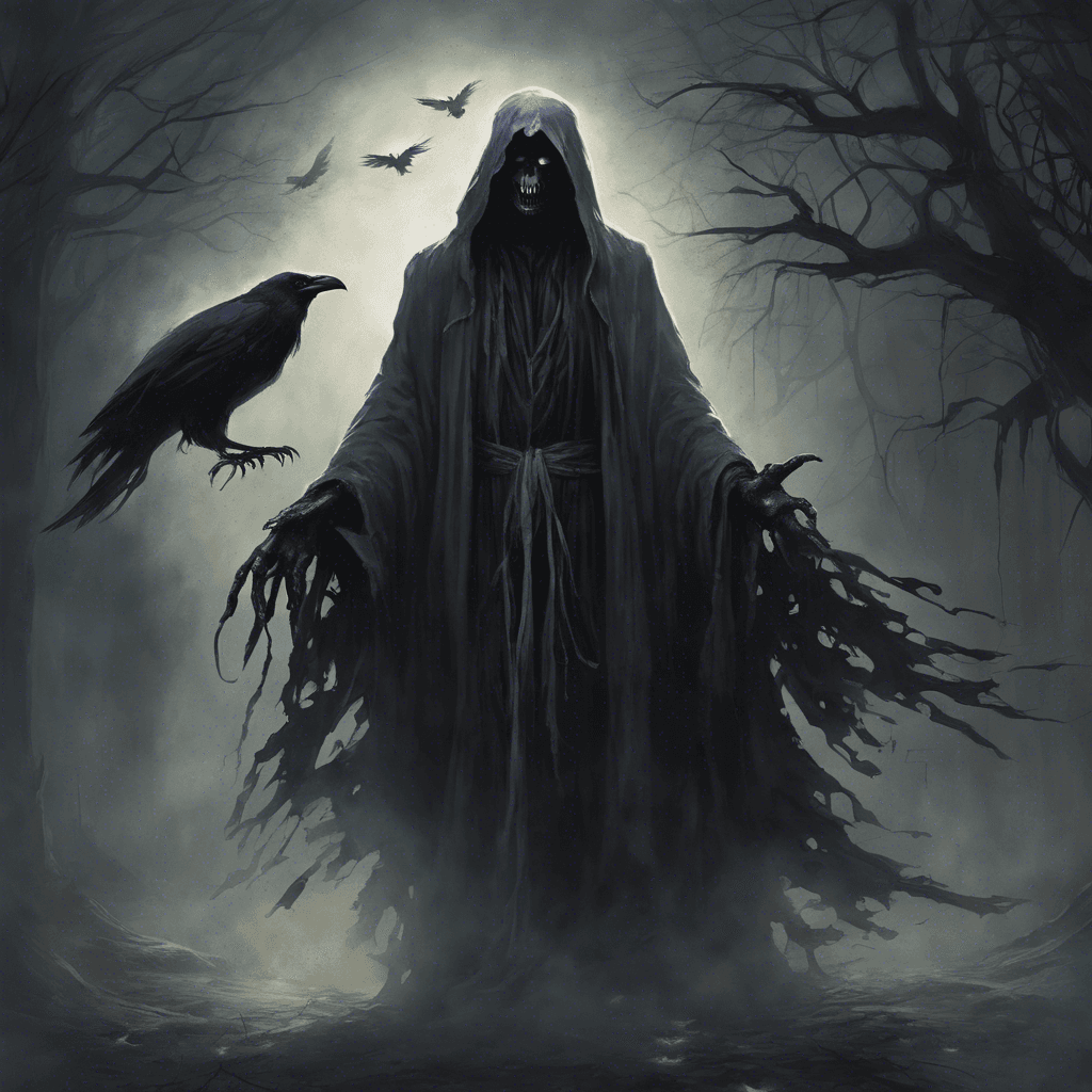 A ghostly figure shrouded in tattered, ethereal robes, with glowing eyes that pierce through the darkness. The Phantom of Raven Hollow emits an eerie wail that chills the bones of those who hear it, causing fear and confusion.