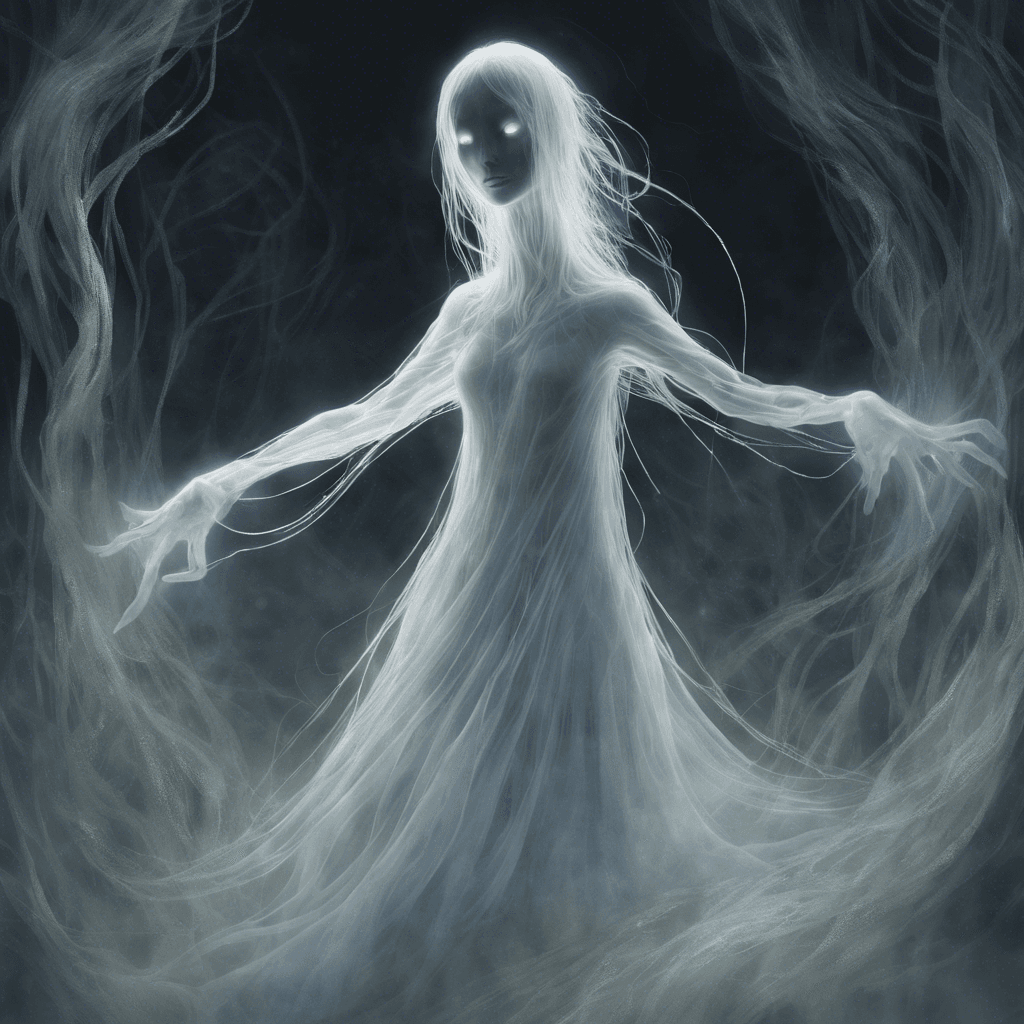 A swirling, ethereal figure with haunting, hollow eyes and long spectral fingers that seem to reach out with a chill touch. Its form is semi-transparent and shimmers with an eerie light, giving it an almost ghostly presence.