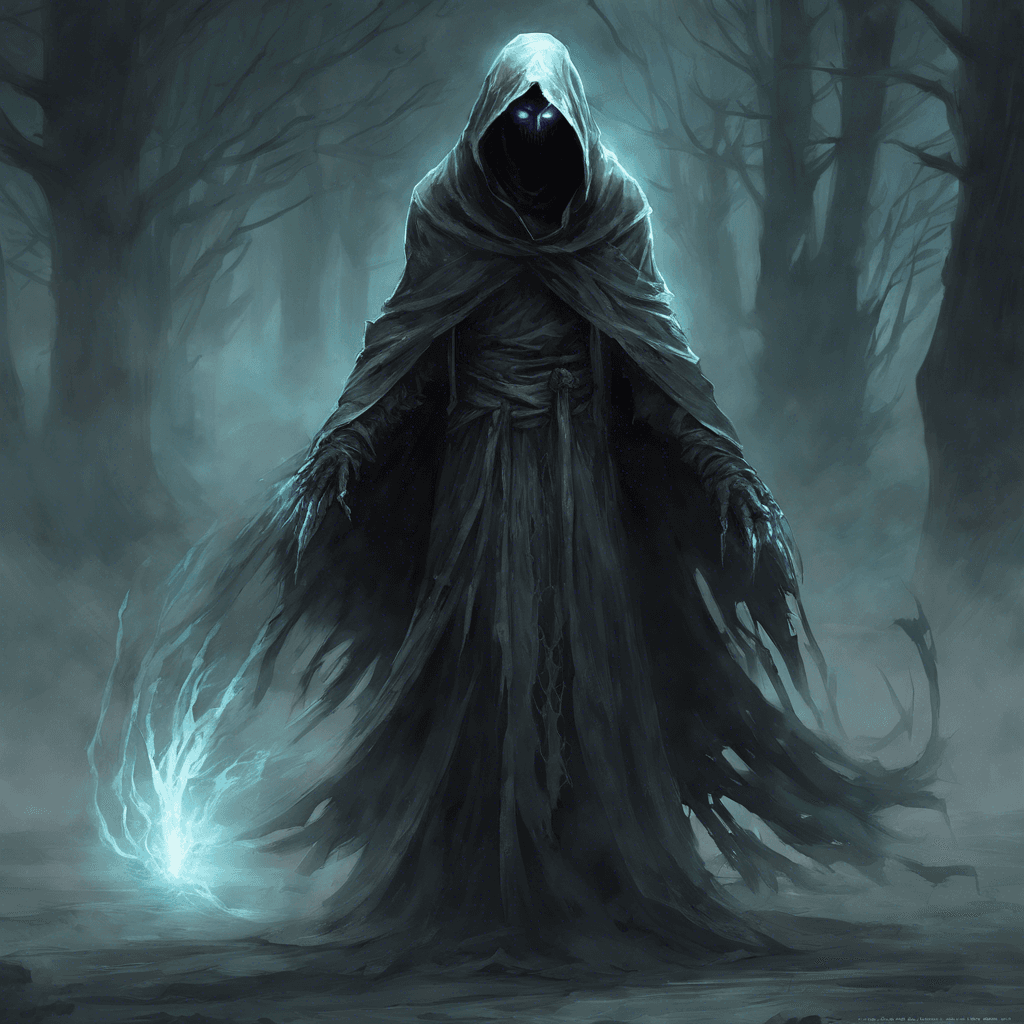 The Spectral Warden is a tall, shadowy figure clad in tattered robes, its face obscured by a hood. It exudes an aura of cold that chills the air around it, and its eyes burn with an otherworldly glow. The Warden's presence instills a sense of dread and unease in all who cross its path.