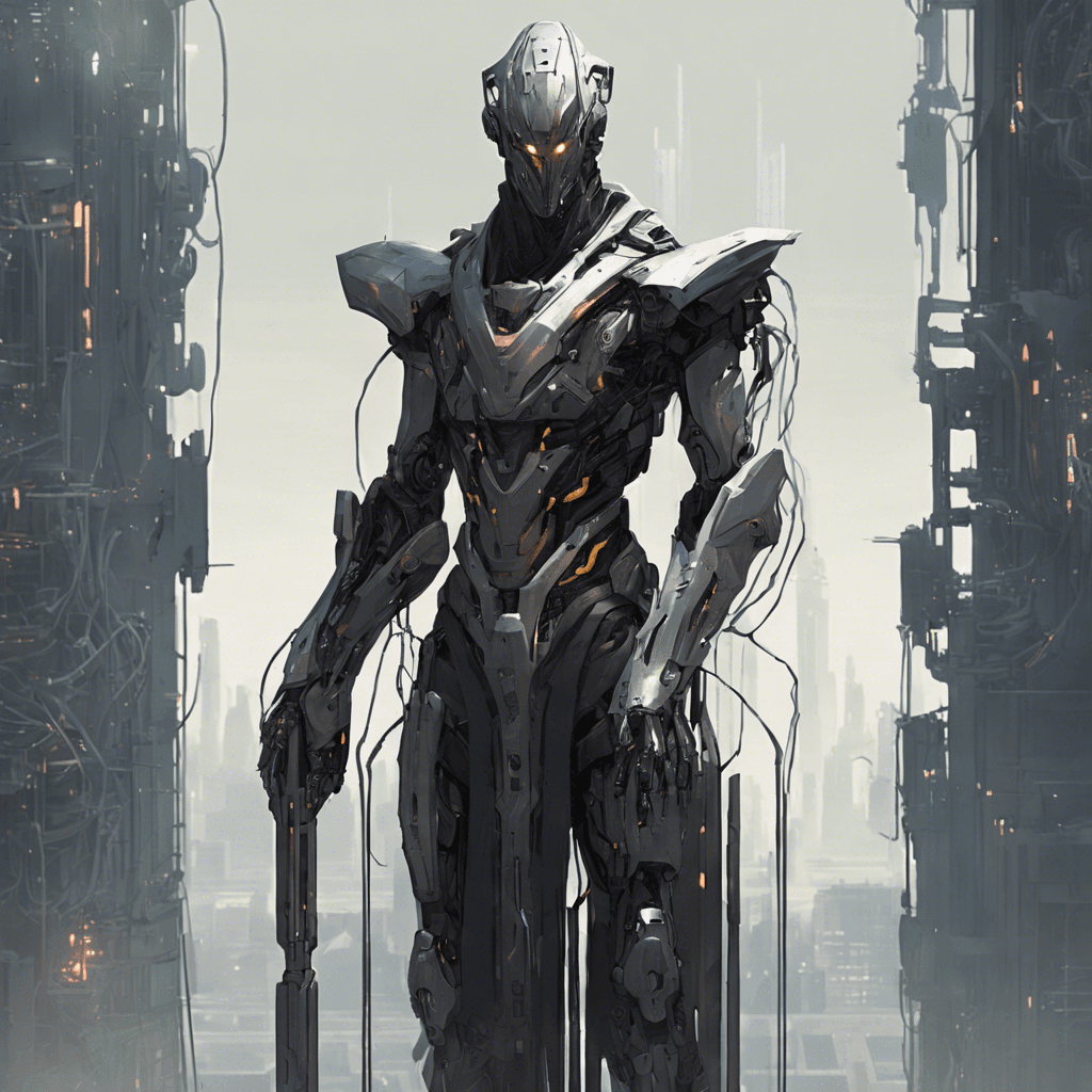 A tall figure with a ragged silhouette, cloaked in heavy cybernetic armor that hums with latent power. Cybernetic enhancements gleam at his temples, and his eyes flicker with projected data streams. His arms are outfitted with retractable blades and jacks for interfacing with machinery.