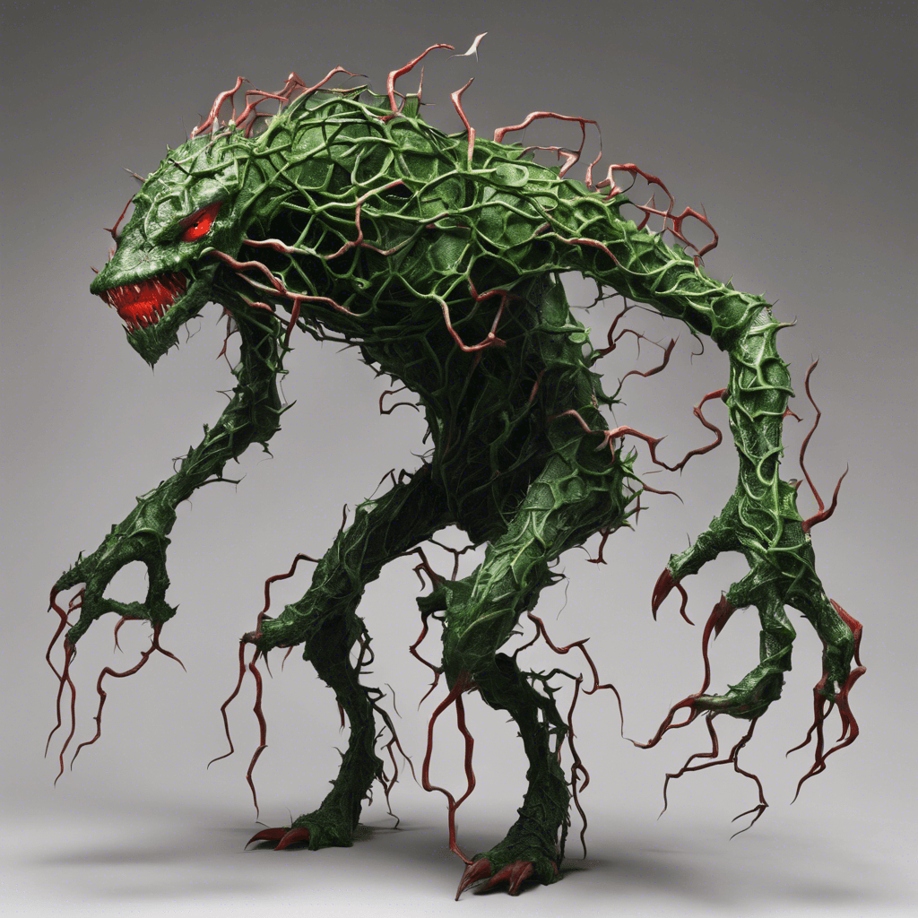 A towering mass of twisted, iron-hard vines and razor-sharp thorns, this plant-like creature moves with surprising agility. Its deep green surface seems to absorb light, and piercing red eyes gleam from within the tangled foliage.