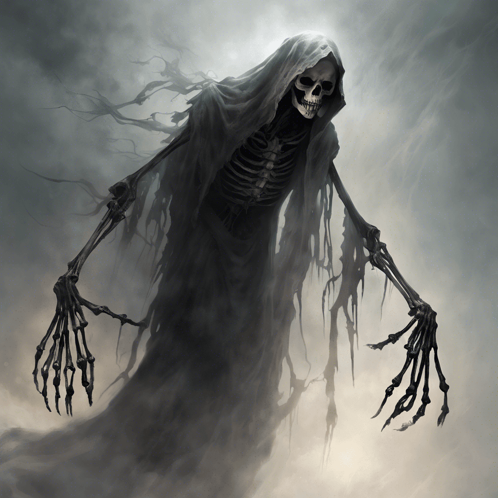 A chilling apparition with a skeletal face, its form shrouded in tattered robes that flutter as though caught in an unfelt wind. Its eyes burn with an eerie light, and its hands extend into long, ethereal claws, surrounded by a mist that seems to whisper with the voices of the damned.