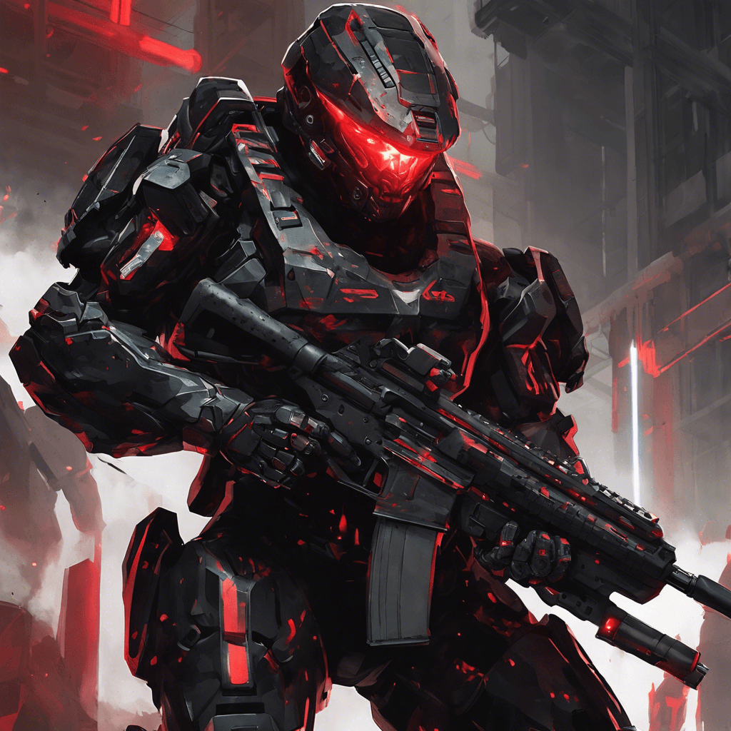 A menacing figure clad in black reactive combat armor, its surface shifting with adaptive camouflage. Glowing red visors pierce through the shadows, hinting at sophisticated sensory equipment. An array of lethal-looking modular weaponry is built into its frame suggesting a high level of threat in close combat or at range.