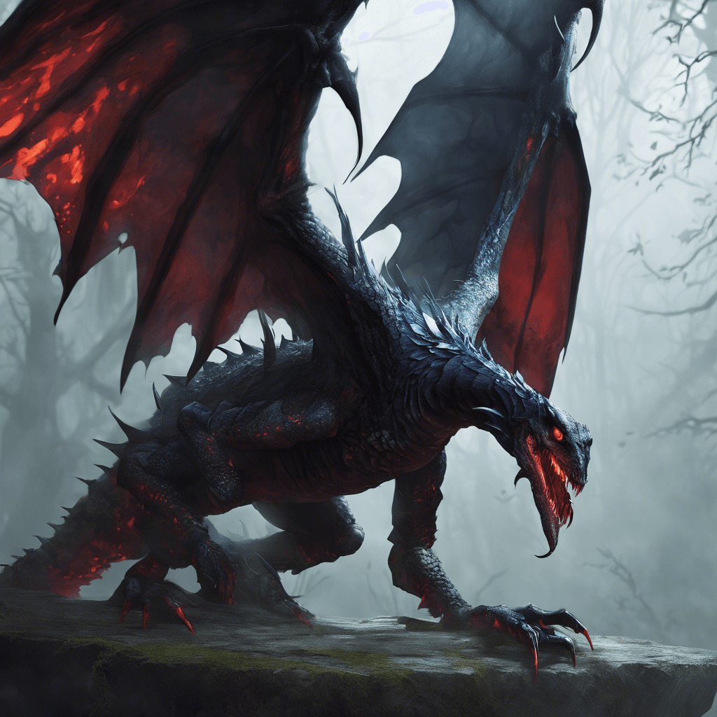 The Gloomwing Drake is a hulking creature with iridescent black scales covering its sinewy body. Its wings, tattered and smoke-like, absorb the light around them. Two malevolent, glowing red eyes fixate on its prey, as it exhales an aura of palpable darkness.