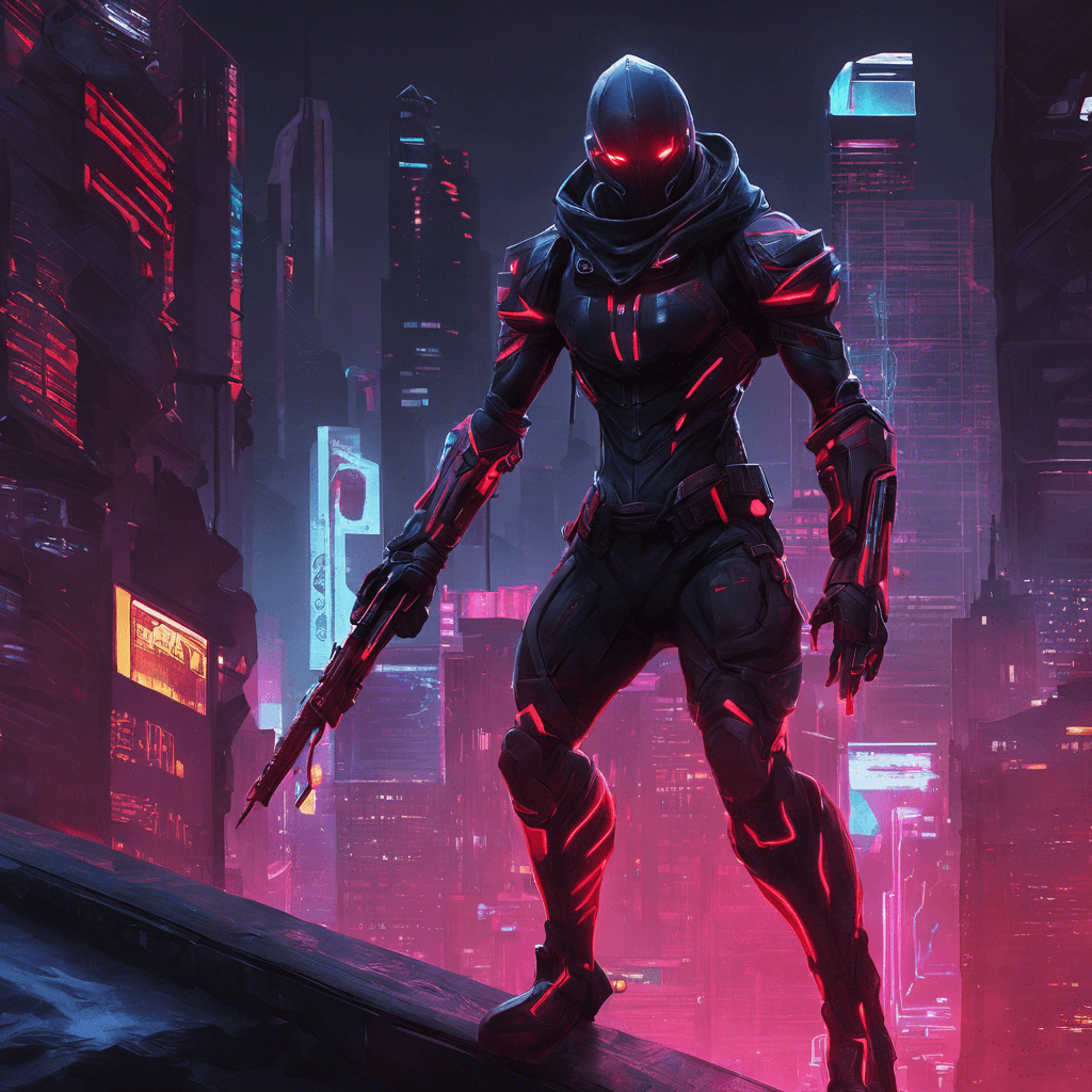 The Neon Stalker is a cybernetically-enhanced assassin lurking in the shadows of the neon-drenched cityscape. Its body features sleek black armor with glowing neon accents, augmentations visible beneath the surface. Red cybernetic eyes shimmer with malicious intent, reflecting the dystopian world around it.