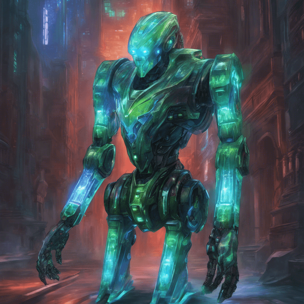 The Spectral Binary Guardian is a towering robot with a translucent, holographic exterior that flickers between shades of blue and green. Its eyes emit a piercing red light, scanning its surroundings for any threat. Despite its ethereal appearance, it moves with precision and speed, ready to defend its territory.