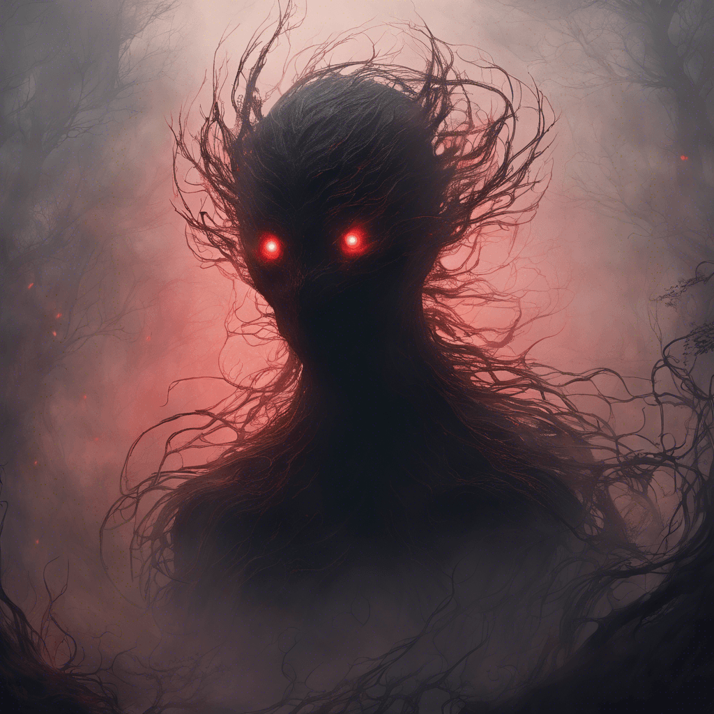 A silhouette of an ethereal being, shrouded in wisps of dark mist. It has glowing red eyes, and its form slightly shifts and flickers as though caught between worlds, tendrils of shadow extending from its ethereal body.