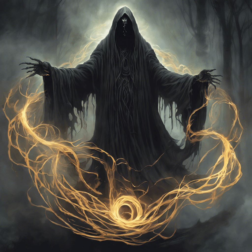 A dark ethereal figure, the Gloomwraith exudes an aura of pure shadow, its form constantly shifting and swirling. Tendrils of darkness extend from its core, and its eyes burn with a haunting, baleful light aimed at anyone who dares approach the Amulet.