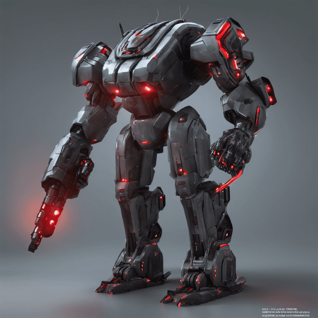 A hulking robotic sentinel, the Sentrax Guardian towers above with a sleek metal exoskeleton in gunmetal gray. Glowing red sensors act as eyes, scanning for intruders, and arms equipped with integrated energy blasters prepare to unleash a barrage of high-intensity plasma shots.