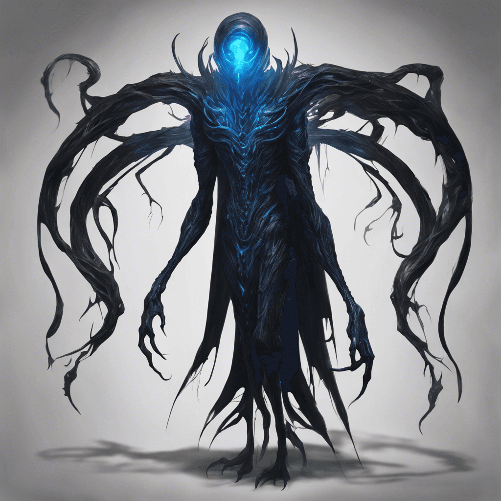 The Void Walker is a shadowy figure with glowing blue eyes and tendrils of darkness emanating from its body. It moves silently and unpredictably, blending in with the shadows of the alien craft. Its mere presence sends chills down your spine.