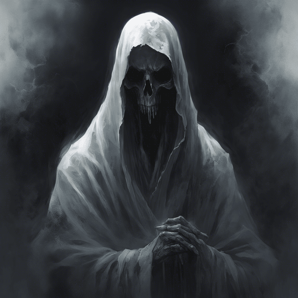 A ghostly figure shrouded in tattered robes, emanating a dark and otherworldly aura. Its eyes glow with an eerie, baleful light, and its presence alone makes the air grow cold and heavy.