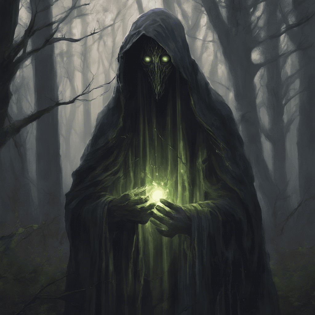 A mysterious figure cloaked in tattered robes, with glowing eyes that pierce through the darkness of the Whispering Woods. Its ethereal form seems to shift and waver, as if not fully anchored in the mortal realm.