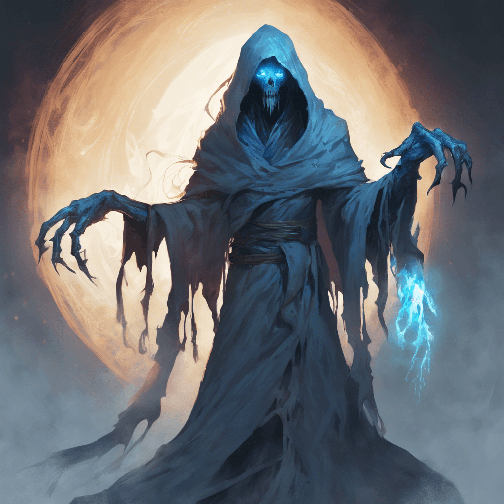 A spectral figure wrapped in tattered robes, glowing faintly with eldritch energy. Its eyes burn with a haunting blue light, and its claws look sharp enough to tear through steel.