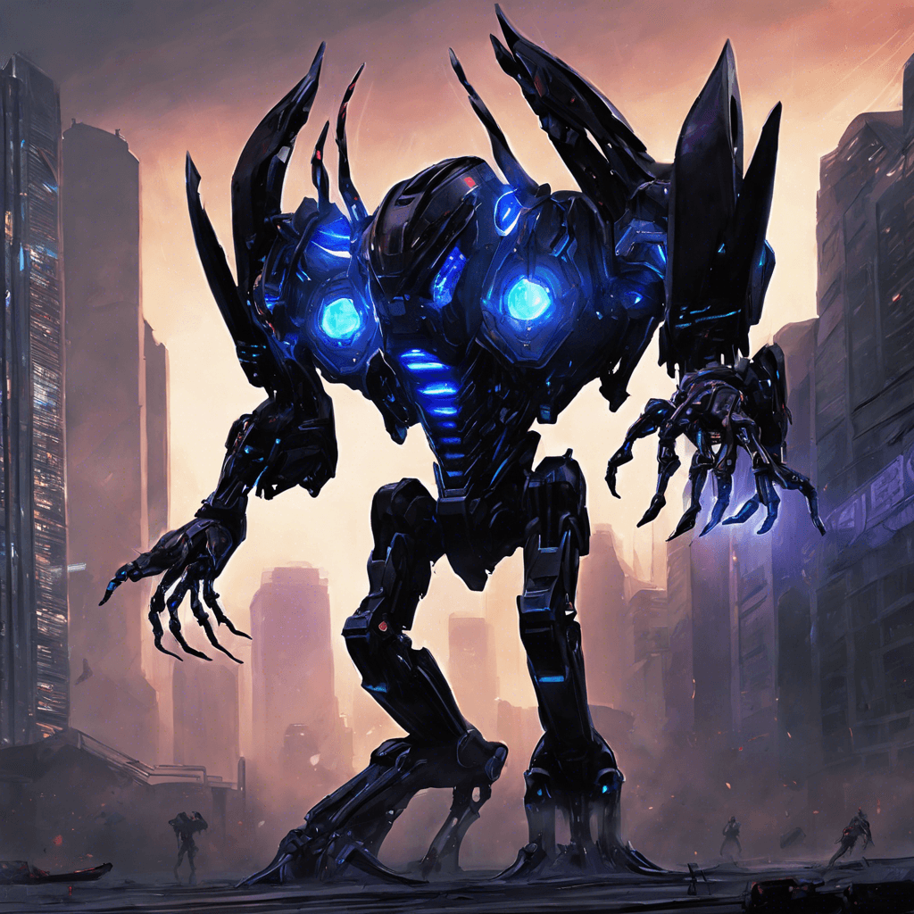 The Voidwalker Sentinel is a towering robotic creature, standing at least 10 feet tall. Its body is made of sleek, black metal with glowing blue energy pulsing through its circuits. Four arms equipped with sharp blades emerge from its torso, ready to strike at any moment. Its glowing red eyes scan the area, ready to eliminate any threats.