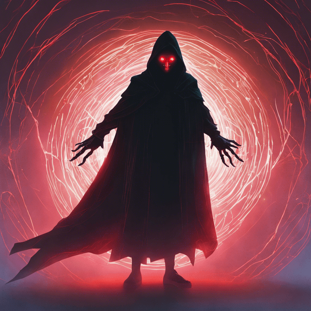 A silhouette shrouded in a holographic cloak, with glowing red eyes and wires weaving through its form like veins. It moves with a ghostly silence, a dagger made of pure energy crackling in its hand.