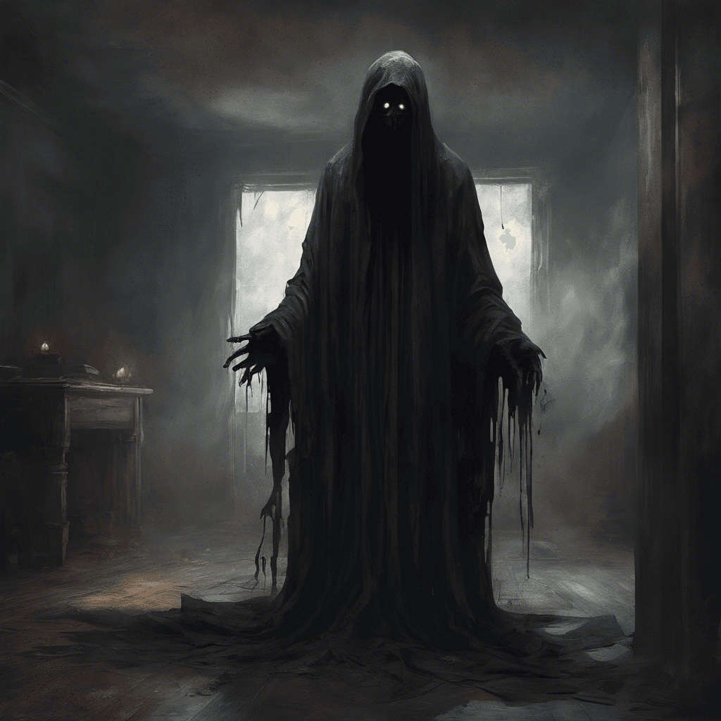 The Specter of Despair is a ghostly figure draped in tattered black robes, with hollow eyes that seem to suck the warmth out of the air. Its presence fills the room with a chilling feeling of hopelessness, causing a shiver to run down the spine of anyone who gazes upon it.