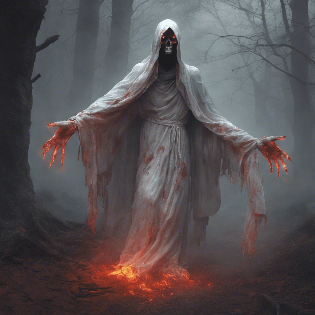 A ghostly apparition, ghastly pale with eyes that burn red like dying embers. Tattered robes trail behind it, whispering against the ground as it moves without sound.