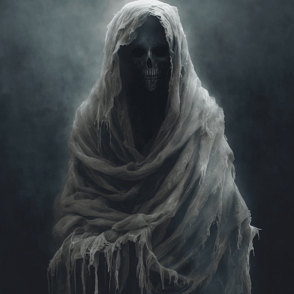 A spectral figure draped in tattered rags, its eyes glowing with an otherworldly light. It moves silently through the mist, leaving a chilling cold in its wake.