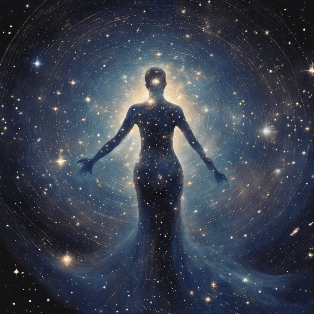 A swirling, spectral figure radiating with cosmic energy. Its body appears to be made of the very fabric of space, dotted with twinkling stars. It moves with a fluid grace, as if swimming through the void of space itself.