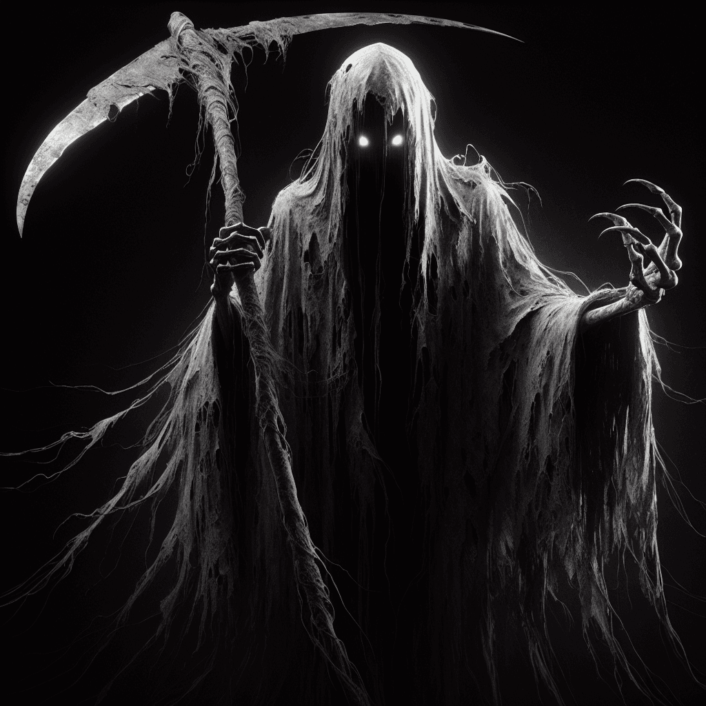 A spectral figure draped in torn robes hovers before you, its form shifting and flickering. Where eyes should be, there glow malevolent points of light, and its hands clutch a ghostly scythe that seems to absorb the very light around it.