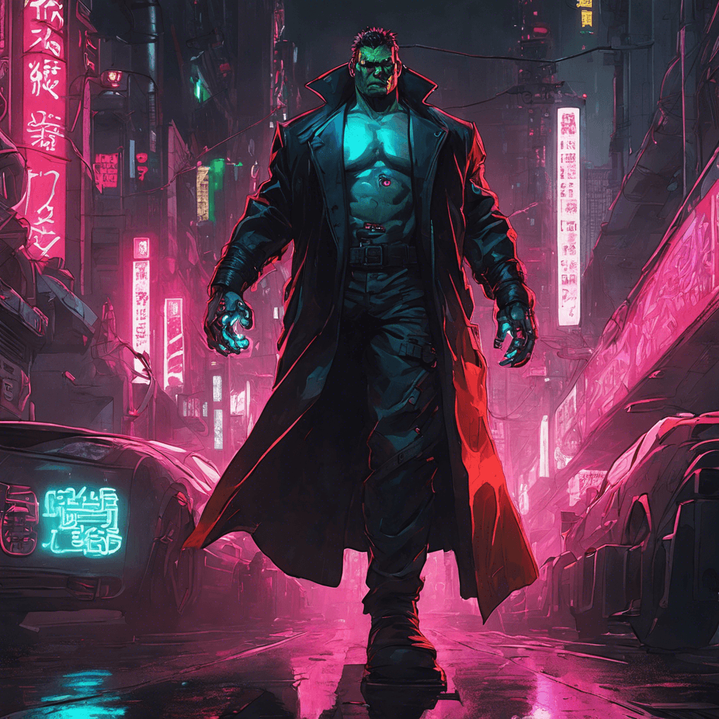 A hulking figure clad in a dark trench coat with an arsenal of cybernetic enhancements, including glowing red ocular implants and an arm that morphs into various hacking tools, reflecting the neon lights that flicker in the dimly-lit underbelly of Neo-Tokyo.