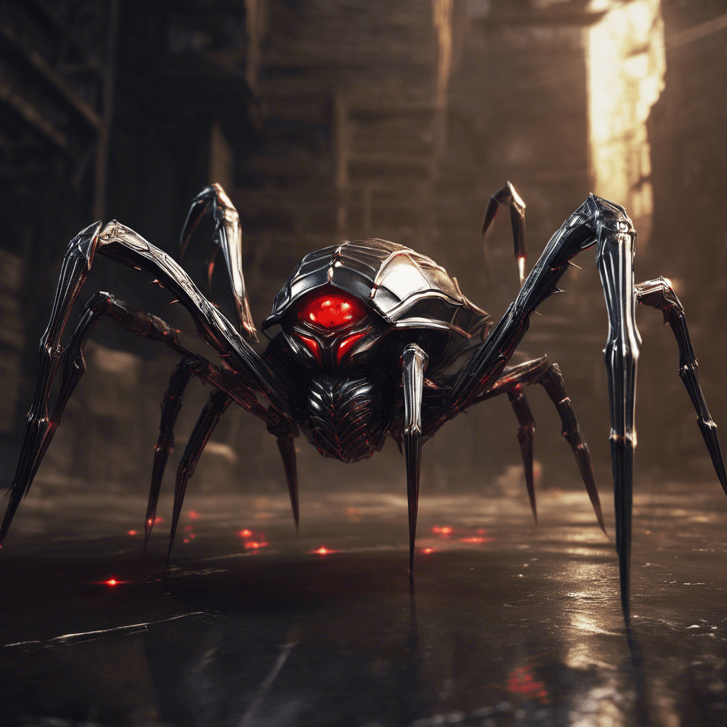 A sleek, metallic creature resembling a large spider, with sharp pincers and glowing red eyes. Its body is covered in reflective armor plating, and it moves with a silent, menacing grace.