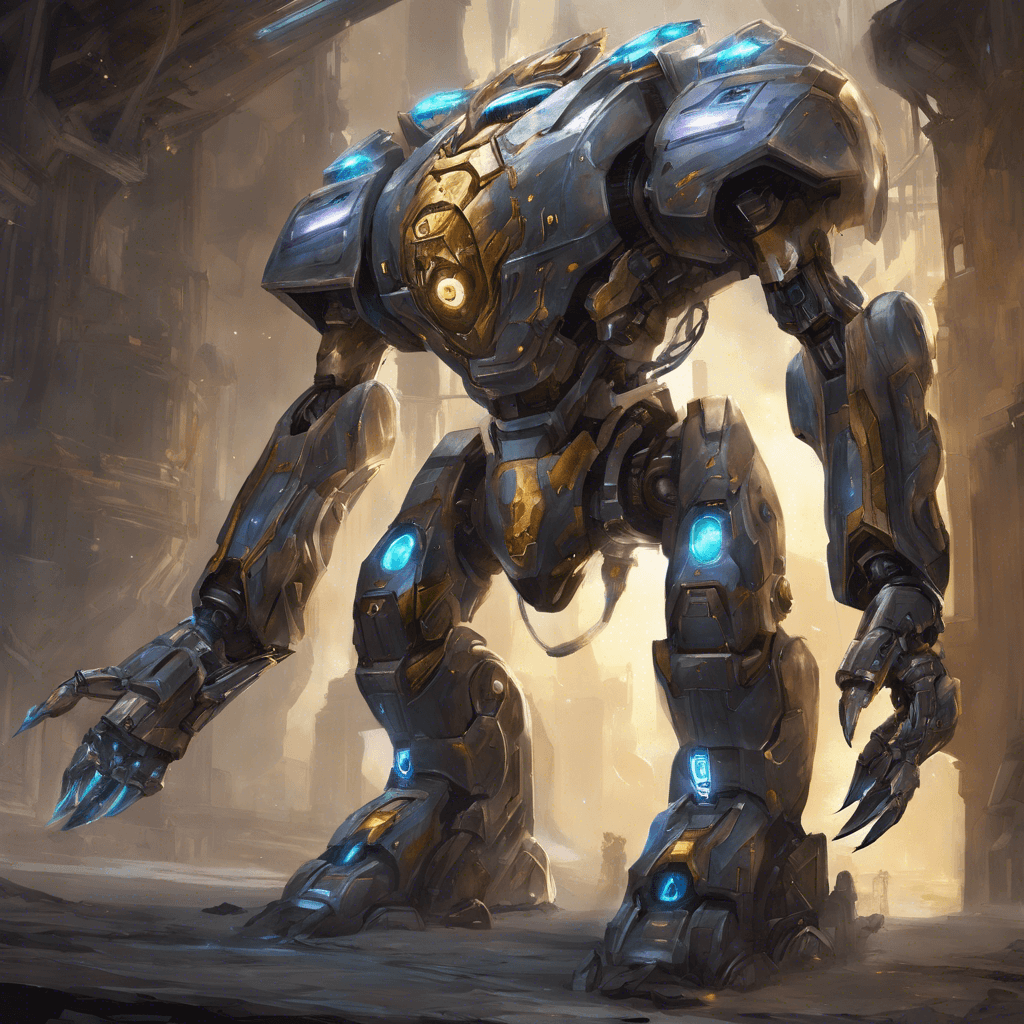 A towering robotic sentinel, Golthar the Reclaimer possesses a sleek, metallic exoskeleton with a pulsating energy core visible through its chest. Its arms end in weapons: one a plasma cannon and the other a shimmering energy blade. It moves with a disconcerting, silent grace, eyes glowing with a hunter's intent.