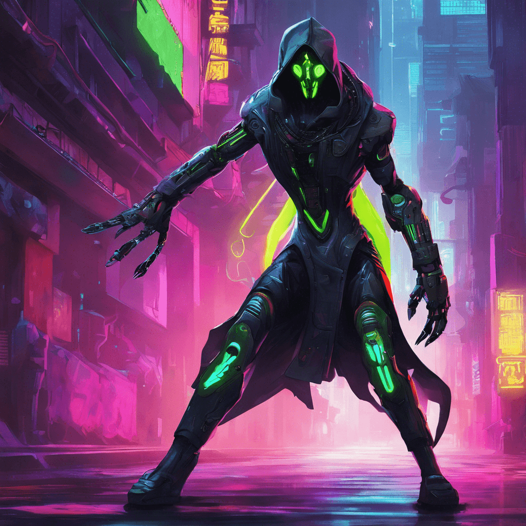 The Neon Shadow Cyborg is a sleek, stealthy adversary cloaked in shadows and adorned with neon cybernetic enhancements. Its eyes glow with an eerie light as it hunts its prey in the neon-soaked streets of the cyberpunk city.