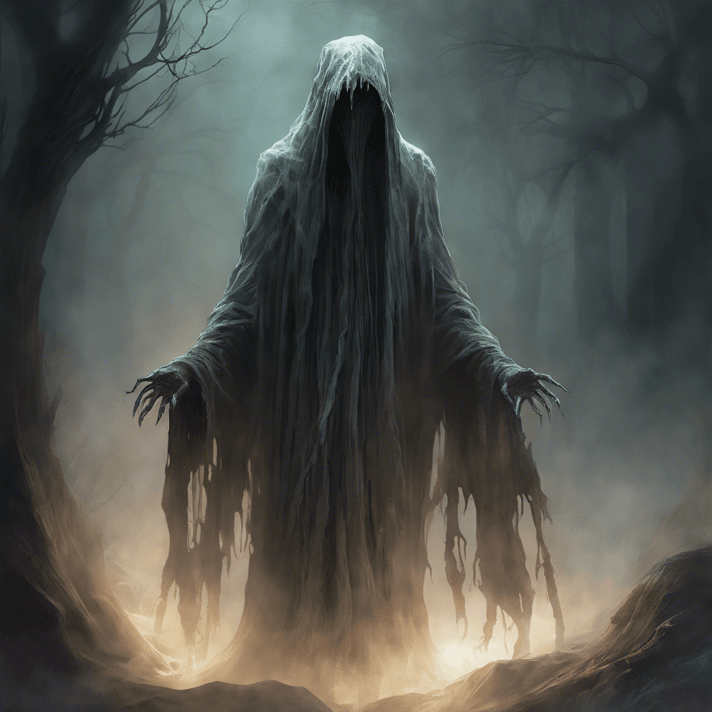 The Spectral Wraith is a ghostly figure clad in tattered robes, its form flickering and shifting like a shadow in the mist. Its hollow eyes glow with an unnatural light, and a chilling aura surrounds it, sending shivers down the spine of anyone who gazes upon it.