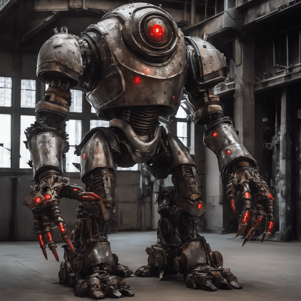 A towering, seven-foot tall combat automaton. It's plated in worn-out titanium armor with visible scars and burns from previous conflicts. It has glowing red eyes and each arm is equipped with an integrated plasma cannon.