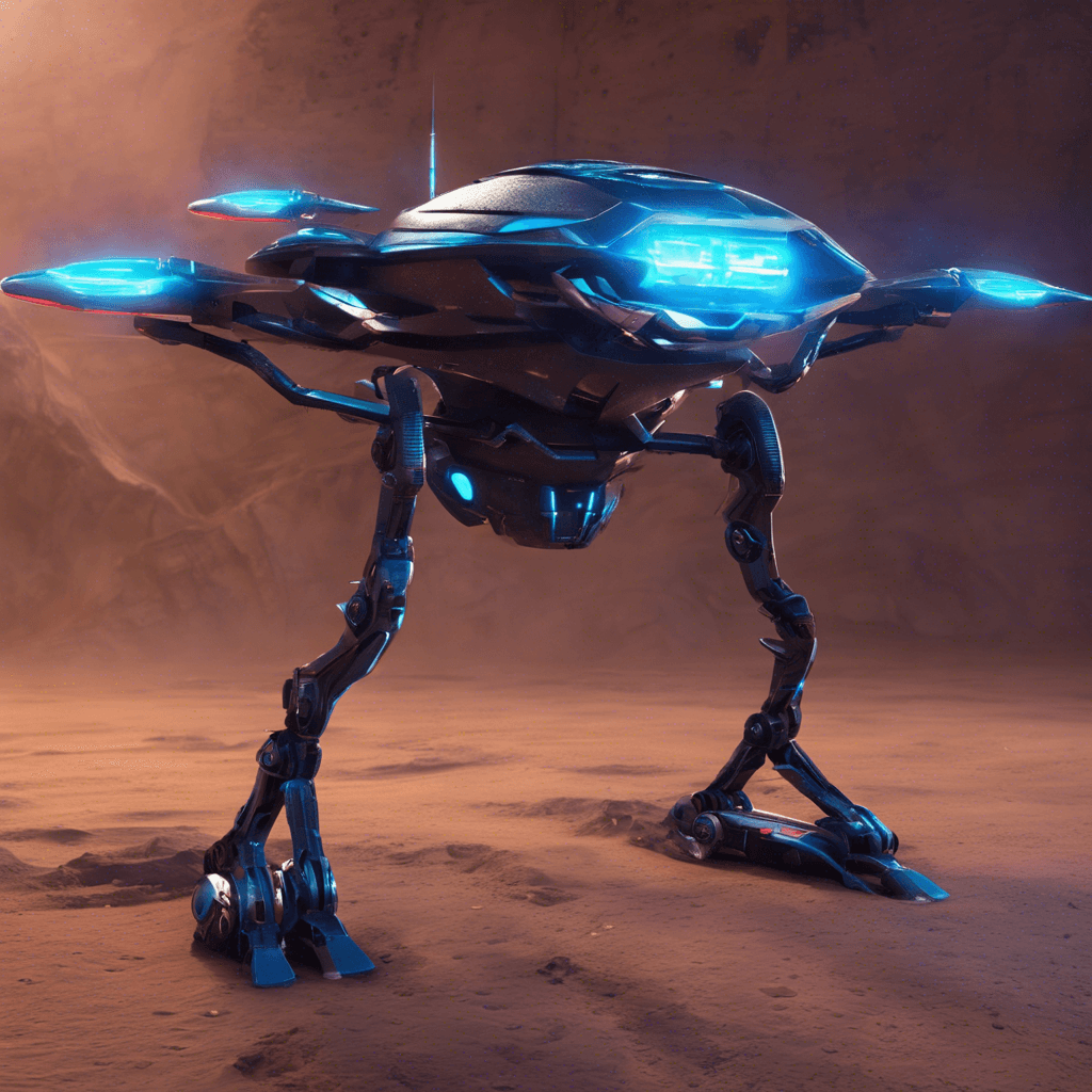 The Xenodrone is a robotic entity designed for exploration and defense. It has a sleek, metallic body with glowing blue circuitry running through its frame. Its eyes emit a piercing red light, scanning its surroundings for potential threats.