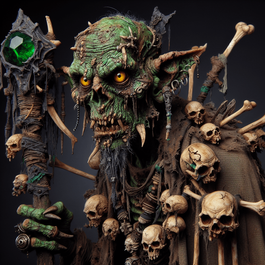 A gnarled goblin shaman with sunken yellow eyes, tattered robes, and numerous bones and grim trophies dangling from his belt. Its skin is a sickly green, laced with scars and ritualistic tattoos. It wields a darkened, twisted staff crowned with a glowing emerald that pulses with corrupt power.