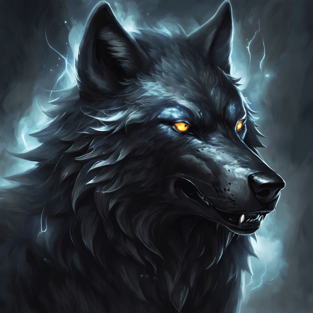 A large wolf with jet black fur and glowing silver eyes, exuding an aura of darkness. It moves with otherworldly grace and has sharp, menacing fangs.