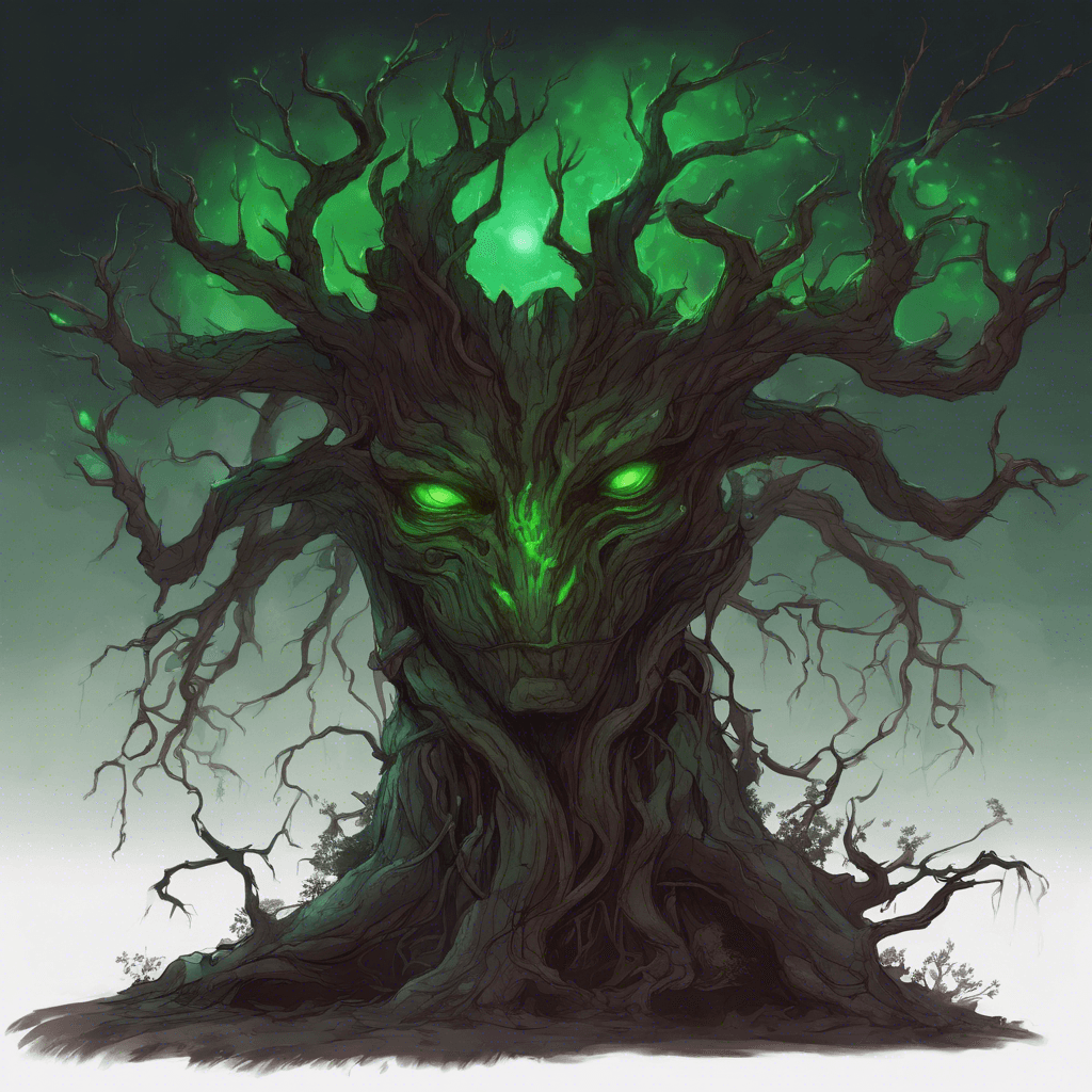 A towering treant with bark as dark as midnight and eyes glowing with a haunting green luminescence. Its limbs are gnarled, resembling the twisted branches of ancient trees, with leaves that are a dark, blood-red color.