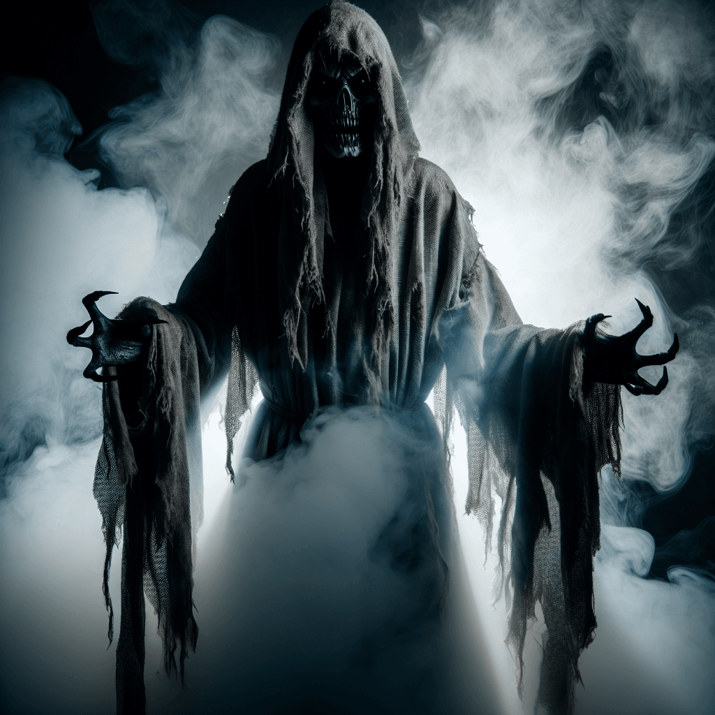 A swirling mist of shadows coalesces into a fearsome wraith. Its form is shrouded in tattered robes that seem to absorb the very light around it, and its face is a hollow void punctuated by two piercing, malevolent red eyes.