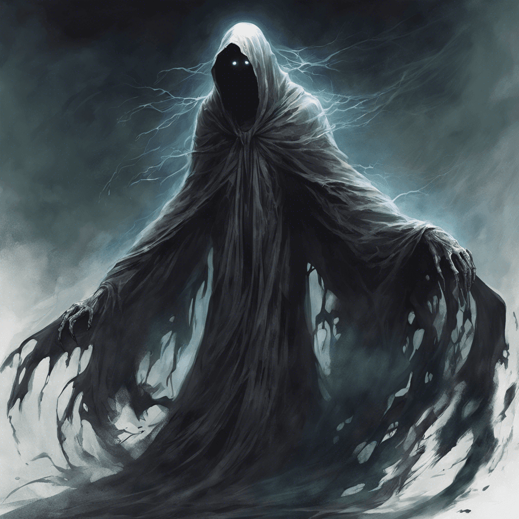 The Specter Wraith is a ghostly figure clad in tattered, flowing robes that appear to be made of shadows. Its eyes are hollow voids, emanating a chilling aura of despair. As it floats towards you, a cold wind seems to accompany its presence, sending shivers down your spine.