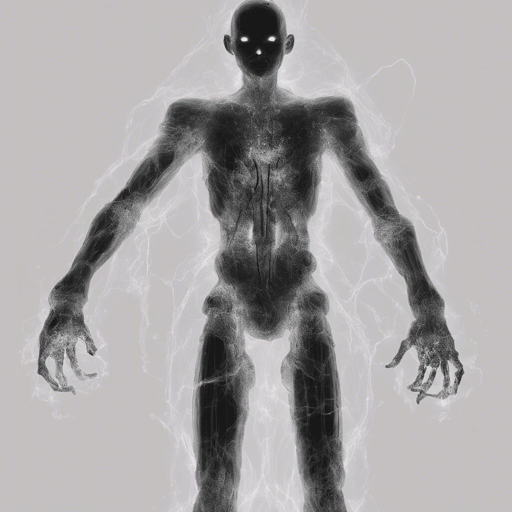 A translucent entity that flickers with static energy, seemingly phasing in and out of reality. Its form is unstable, appearing humanoid but with multiple reverberating silhouettes.