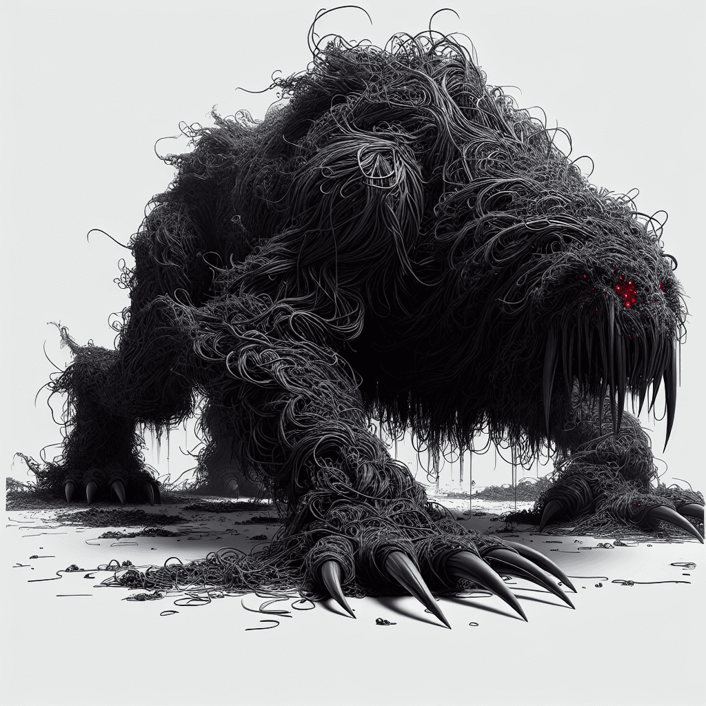 A hulking creature with matted black fur, glowing red eyes, and elongated claws dripping with venom. It moves with unnatural speed, leaving a trail of shadow in its wake.