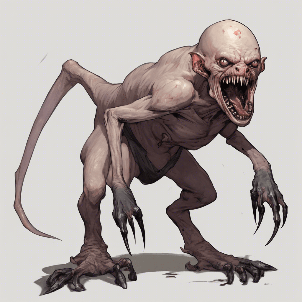 A hunched, hairless creature with pale, rubbery skin, deep-set black eyes, and a wide mouth filled with razor-sharp teeth. Its long, clawed fingers are covered in filth, and it moves with a grotesque, lurching gait.