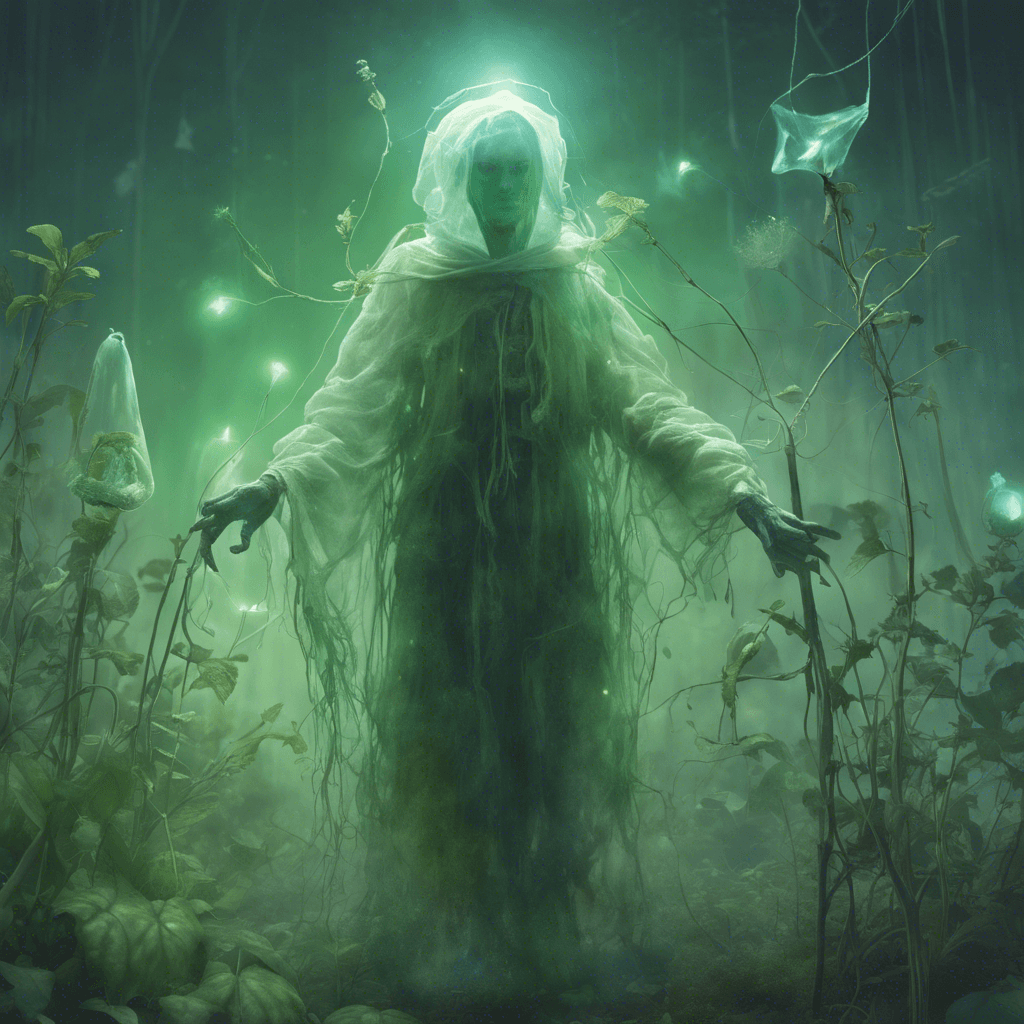 A translucent, spectral figure floats above the ground, wearing tattered gardening attire. Its eyes glow with an eerie, greenish light, and ethereal gardening tools hover around it, ready to strike.