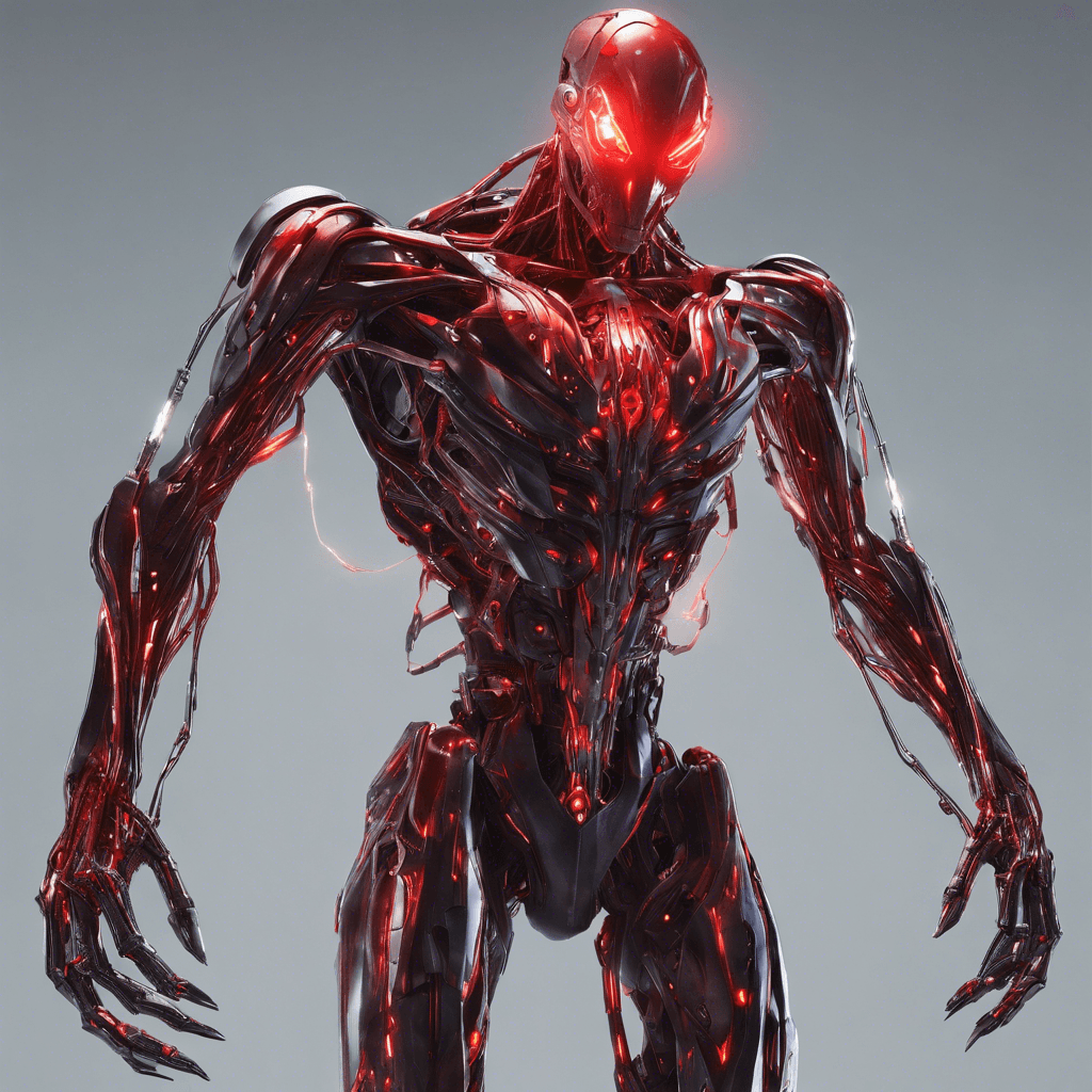 A slender humanoid figure with razor-sharp cybernetic enhancements replacing both arms. Its eyes glow with a menacing red light, and wiry muscles are visible beneath its metallic skin, humming with electrical energy.