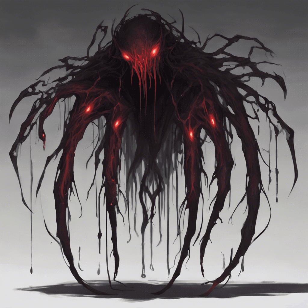 A creature cloaked in tattered, shadowy tendrils. Its eyes glow red in the dim light, piercing through the darkness. It moves silently, giving the appearance of floating over the ground, with elongated claws that drip with a venomous substance.