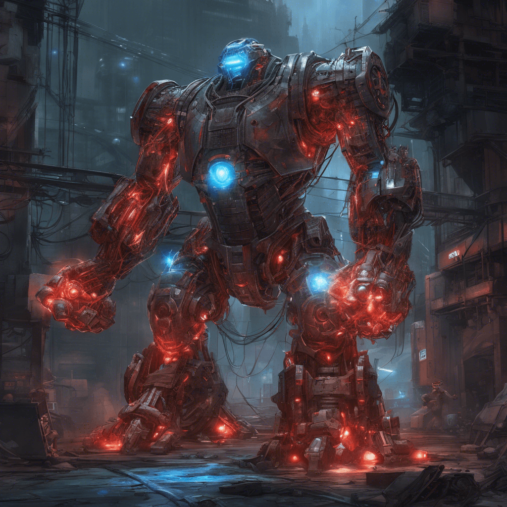 A hulking construct of steel and glowing circuitry, the Gridlock Golem towers over the trio, blocking their path. Its mechanical limbs are reinforced with hydraulic pistons, and arc emitters crackle with blue electricity between its joints. Its single red ocular sensor sweeps menacingly as it assumes a battle-ready stance, an embodiment of raw industrial power.