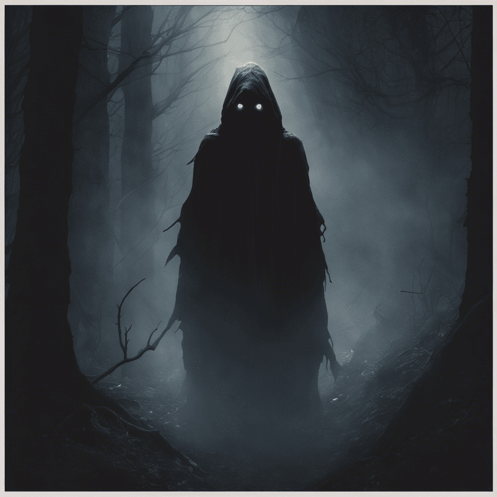 A shadowy figure cloaked in darkness, its eyes glowing with a malevolent light. Wisps of ethereal mist trail behind it, giving off an otherworldly sense of dread and despair.